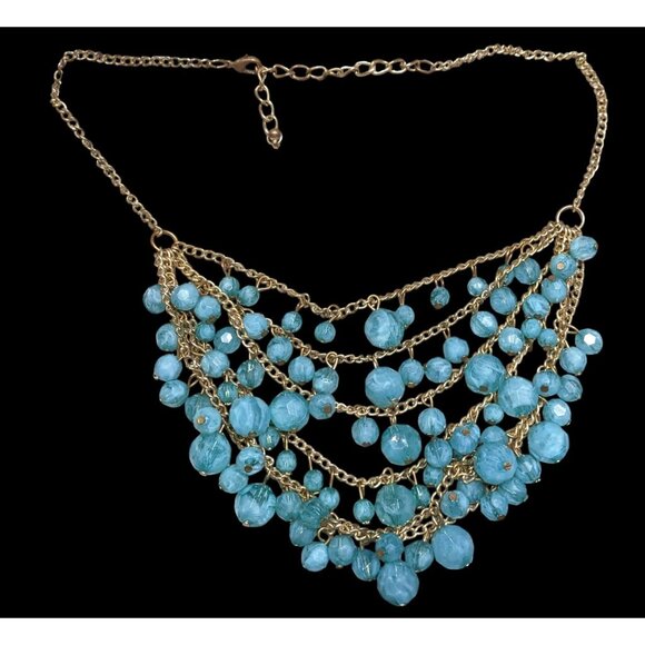 Cascading Aqua Blue Beaded Necklace On Gold-Tone Chain - Picture 2 of 5